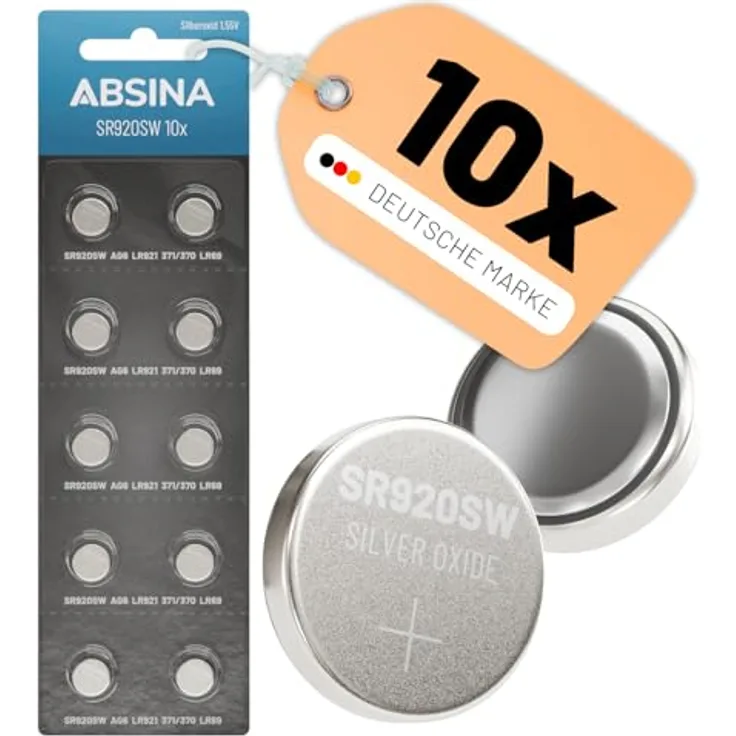 ABSINA SR920SW Uhrenbatterie 1,55V Silberoxid, 10er Pack, auslaufsicher, lange Haltbarkeit, ideal für Uhren und medizinische Geräte