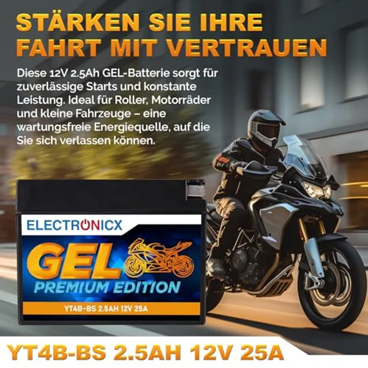 Electronicx YT4B-BS GEL Motorradbatterie 2.3Ah 12V - wartungsfrei, auslaufsicher, rüttelfest für Motorrad, Roller und Quad – Bild 2