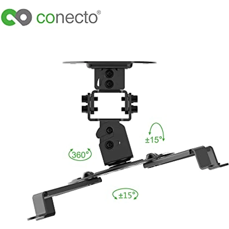 conecto Deckenhalterung für Beamer, neigbar (+/-15°), schwenkbar 360°, drehbar 360°, Deckenabstand 15cm, Traglast max. 13,5kg, universeller Montagebereich 5,4-32 cm, schwarz – Bild 3