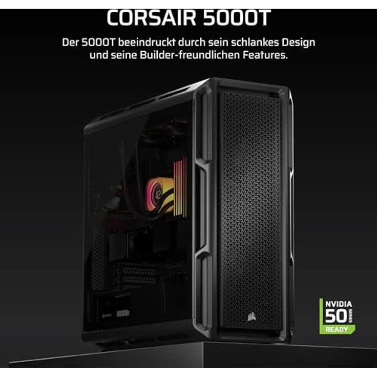 Corsair 5000T Mid-Tower ATX PC-Gehäuse – Abnehmbare Front- und Dach-Luftstrompaneele, Geräumiges Interieur, ASUS BTF, MSI Project Zero, Gigabyte Project Stealth - Schwarz – Bild 2