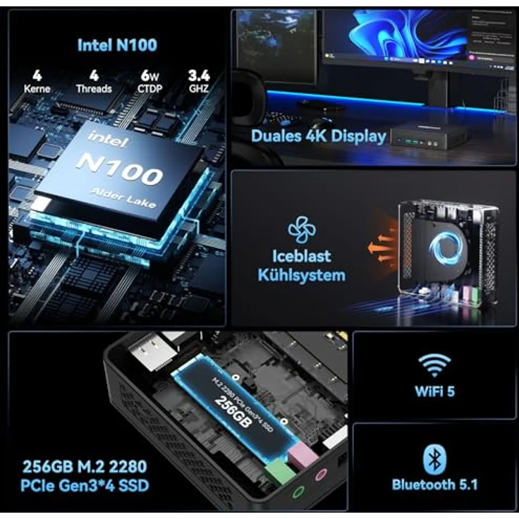 GEEKOM Mini PC Air12 Lite - 12th Gen Intel-N100 (4 Kerne, 4 Threads) Mini PC Windows 11 Pro, DDR4 8GB+256GB SSD Mini Computer mit WiFi 5/Bluetooth 5.1/4K 2 Displays, für Zuhause/Geschäft/Schule - Iceblast verbesserte Kühlungssystem – Bild 2