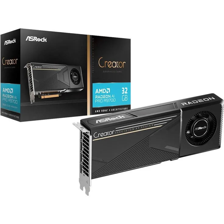 AsRock Radeon AI PRO R9700 Creator, 32 GB GDDR6 Grafikkarte mit 4096 Shaders, 7680 x 4320 Pixel Auflösung, PCIe 5.0, Dual-Lüfter-Kühlsystem