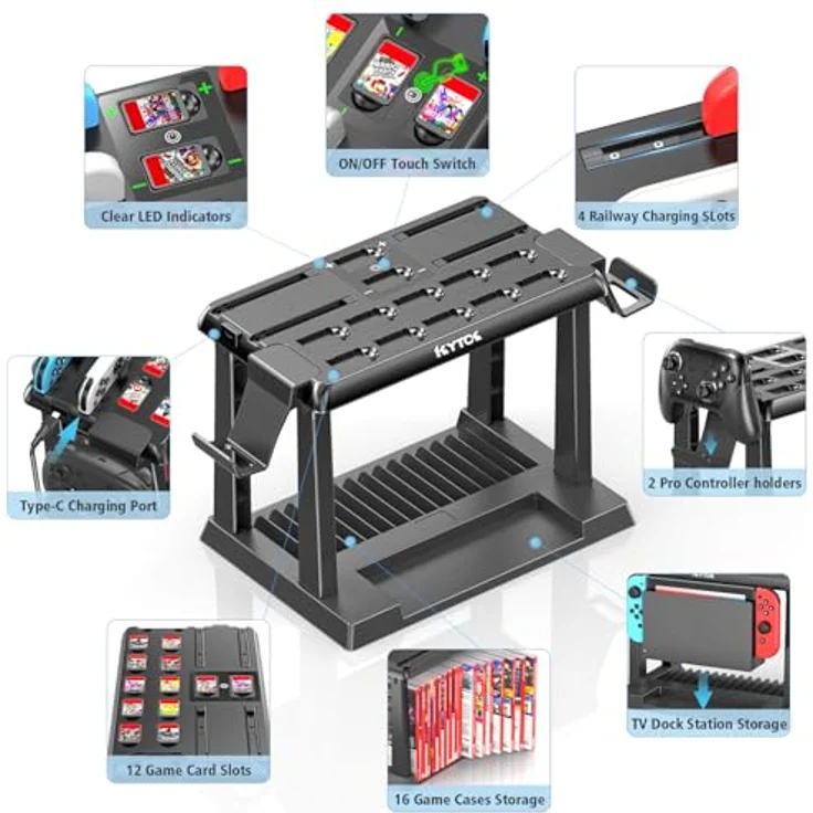 Kytok Switch Spiele Aufbewahrung mit Joy-Con Ladestation, 28 Spielkarten und TV-Dock für Switch/OLED, Schwarz – Bild 4