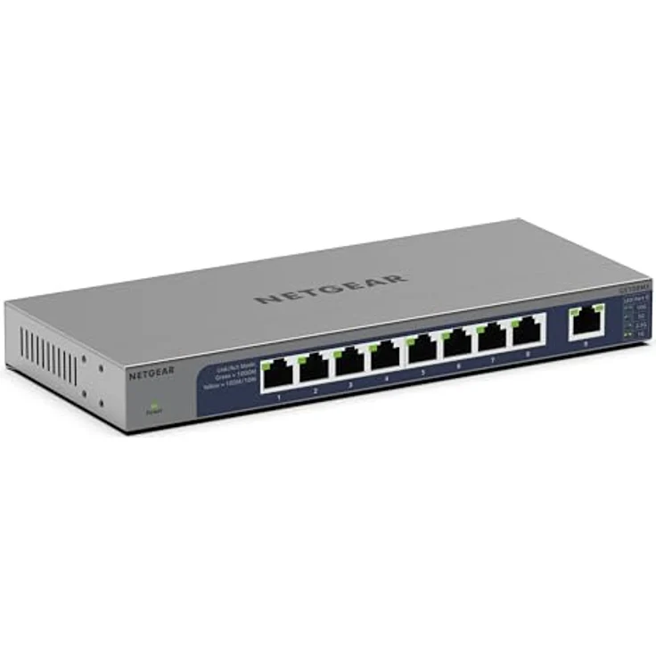 Netgear GS108MX, 9-Port Netzwerk Switch mit 10G/Multi-Gig-Ethernet-Port, lüfterlosem Metallgehäuse, grau – Bild 1