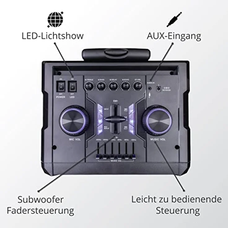 AKAI ABTS-112, Aktivlautsprecher mit drahtlosem Mikrofon, Bluetooth, USB, FM Radio, Akku und mehrfarbigen RGB LED Tanzlichtern – Bild 4