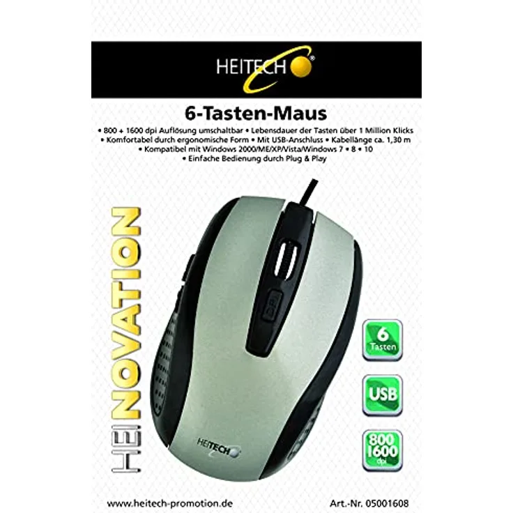 HEITECH Optische 5D 6-Tasten-Maus HM09, schwarz/Silber