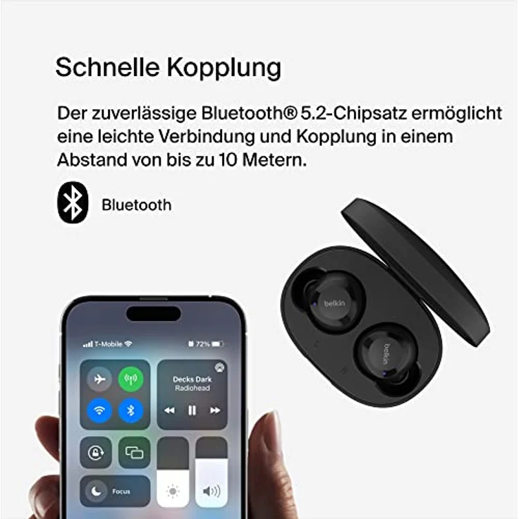 Belkin SoundForm Bolt True Wireless In-Ear-Kopfhörer, kabelloser Kopfhörer mit Mikrofon, Akkulaufzeit bis zu 28 Std., Monomodus, Schweiß- und Spritzwasserschutz der Schutzart IPX4, für iPhone, Galaxy – Bild 3
