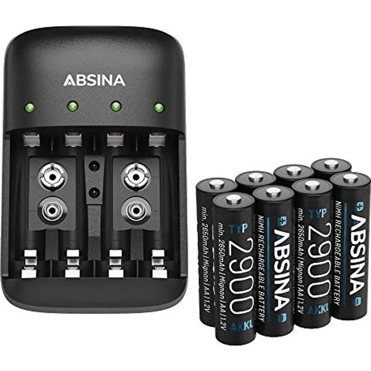 ABSINA X4 Akkuladegerät für AA, AAA & 9V, 4-fach mit 8x AA 2900 mAh NiMH Akkus, Einzelschachtüberwachung, Schnellladung binnen 2 Stunden, LED Statusanzeige – Bild 1