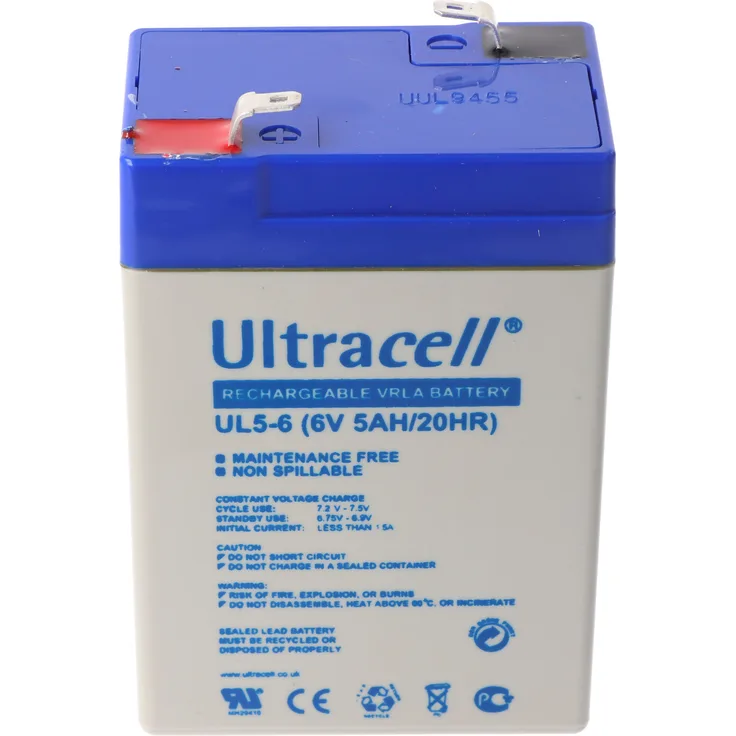 Ultracell UL5-6 6V 5Ah AGM Bleiakku, langlebiger Blei Gel Akku mit 3-5 Jahren Design Life, kompakt 70x47x101 mm