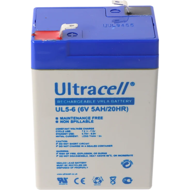 Ultracell UL5-6 6V 5Ah AGM Bleiakku, langlebiger Blei Gel Akku mit 3-5 Jahren Design Life, kompakt 70x47x101 mm
