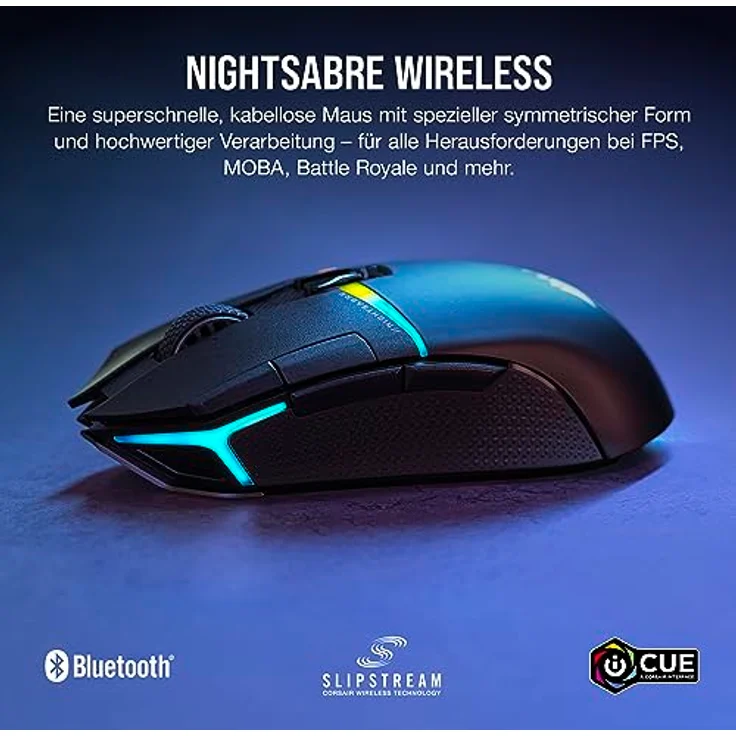 Corsair NIGHTSABRE RGB Wireless Gaming-Maus Für FPS, MOBA - 26.000 DPI - 11 Programmierbare Tasten - Bis zu 100 Stunden Akku - iCUE-Kompatibel - Schwarz – Bild 2