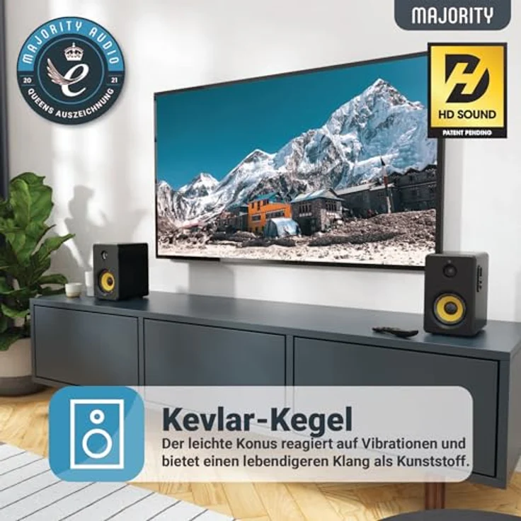 MAJORITY D40X Aktiv Regallautsprecher | 70W 2.0 Gelber Kevlar-Kegel Monitor Lautsprecher | Studio Monitor mit Bluetooth | Bookshelf HiFi Speakers mit Optische, RCA, USB AUX & Inklusive Fernbedienung – Bild 4