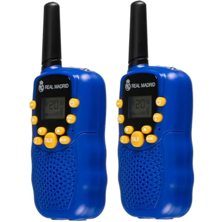 Real Madrid Walkie-Talkies für Kinder, 6 km Reichweite, 8 Kanäle, VOX-Modus, Taschenlampe, Gürtelclip