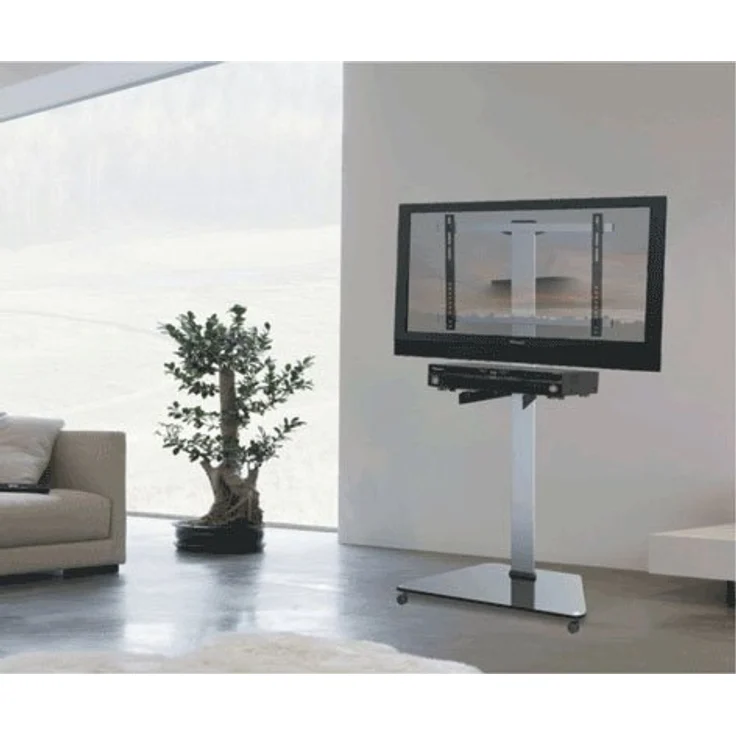 HALTERUNGSPROFI LCD LED TV STÄNDER Glas STANDFUSS MIT TV Adapter 32" - 70" Höhenverstellbare Ablage Mit Rollen Rack FS03G, Alu-silber und Glas-schwarz, VESA Kompatibel – Bild 2