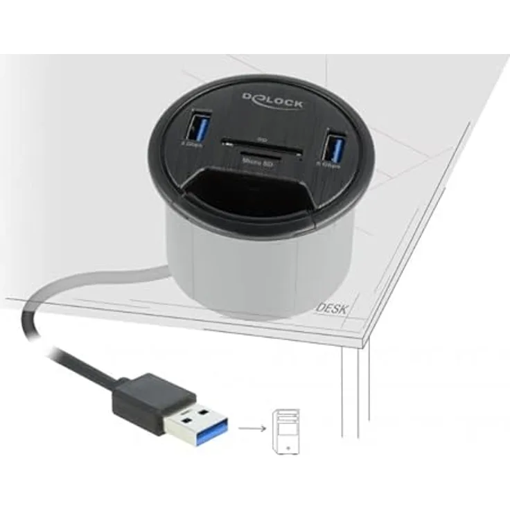 DeLOCK 2 Port Tisch-Hub 2 x SuperSpeed USB Typ-A und Card Reader für SD, Schwarz