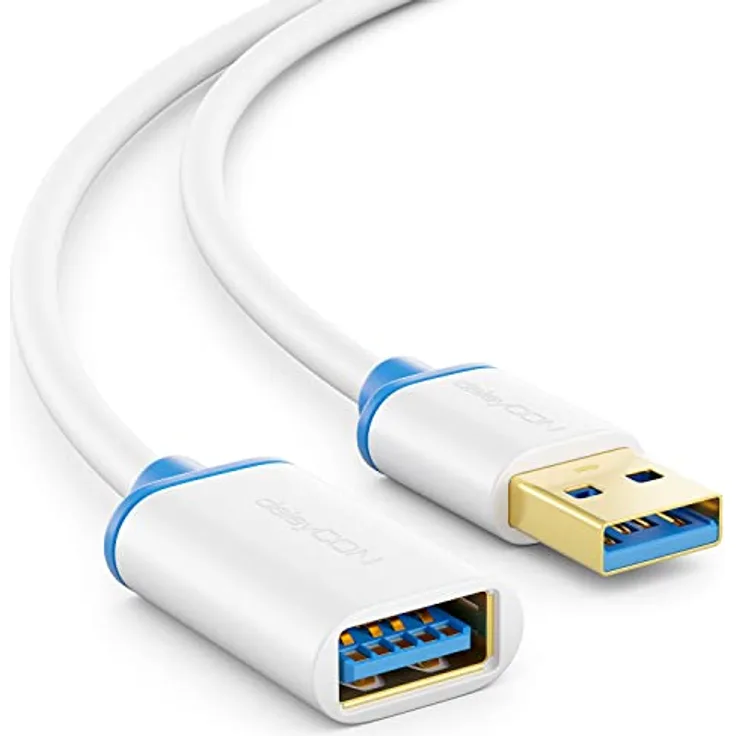 deleyCON 5m USB 3.0 Super Speed Verlängerungskabel, Stecker zu Buchse, Übertragungsgeschwindigkeit bis zu 5 Gbit/s, Weiß/Blau