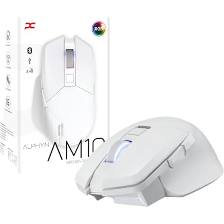 PowerColor ALPHYN AM10 Kabellose Gaming-Maus, Weiß, 26.000 DPI, PAW3395-Sensor, RGB-Beleuchtung, 6 Tasten, Bluetooth und 2,4-GHz-Dongle