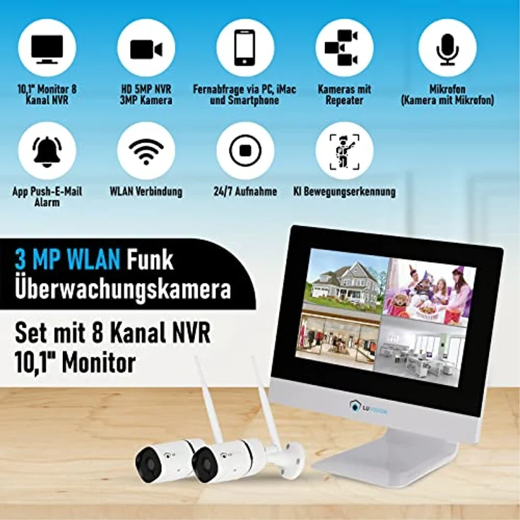 LUVISION WLAN Funk Überwachungskamera Set - Überwachungssystem mit Monitor HDD-Rekorder & Cloud Speicher 4 IP Kameras & App – Bild 2