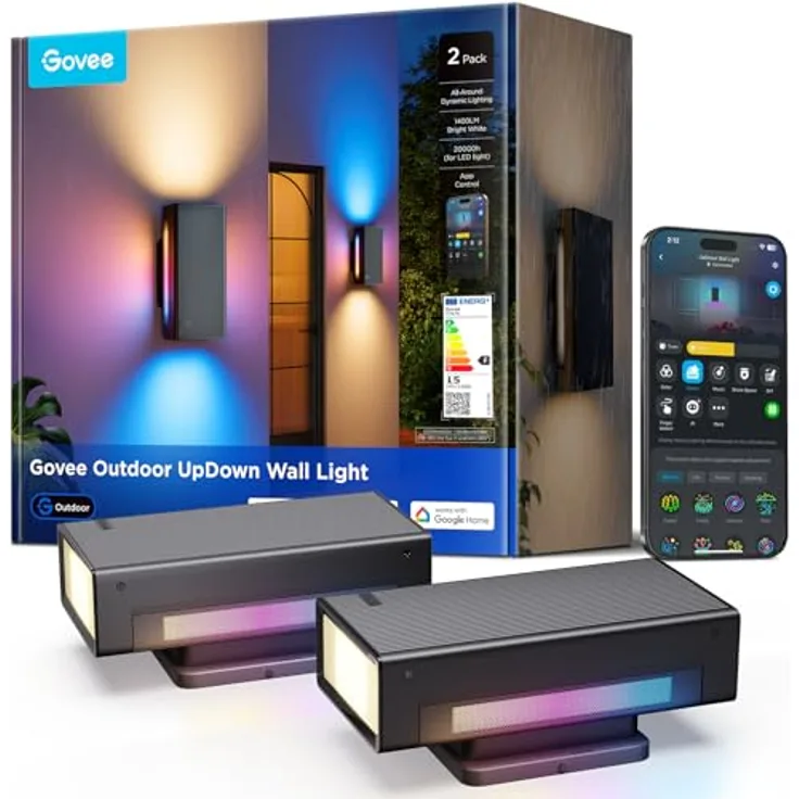 Govee Outdoor UpDown Wandleuchte RGBICWW, 1400LM, IP66 wasserdichte LED Wandleuchte mit 64 Szenenmodi, kompatibel mit Matter, Alexa und Google Assistant, 2er-Pack