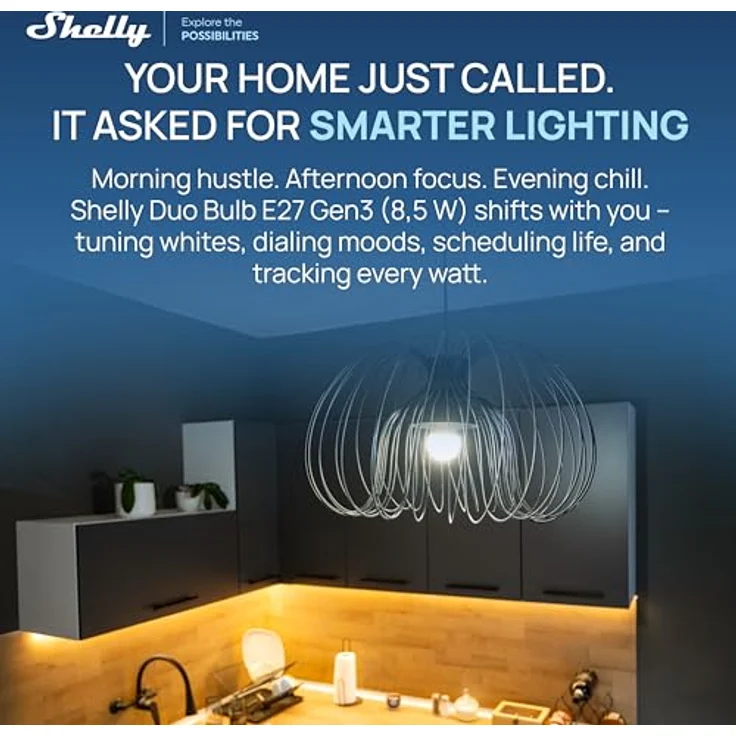 Shelly Duo Bulb E27 Gen3, WLAN Smart LED Glühbirne, 9W, 800lm, dimmbar, Farbtemperatur 2700K-6500K, Nachtmodus, Verbrauchsmessung, Sprachsteuerung, kein Hub erforderlich – Bild 2