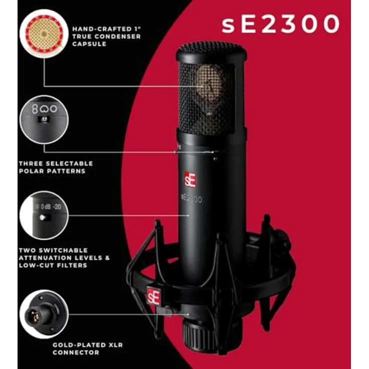 sE Electronics sE2300, Großmembran-Studiomikrofon mit Frequenzbereich 20 Hz - 20 kHz, 48 V Stromversorgung, Empfindlichkeit 24 mV/Pa, max SPL 126/136/146 dB, Impedanz 40 Ohm – Bild 3