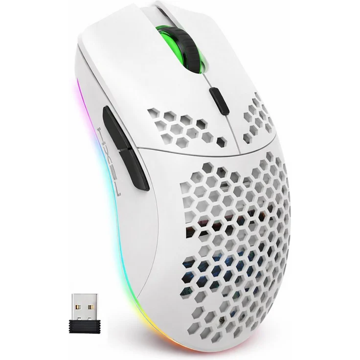 RUHE RGB Gaming Maus, kabellos, 3600 dpi, 6 Tasten, Schwarz/Weiß, Plug & Play, wiederaufladbar, ergonomisches Design