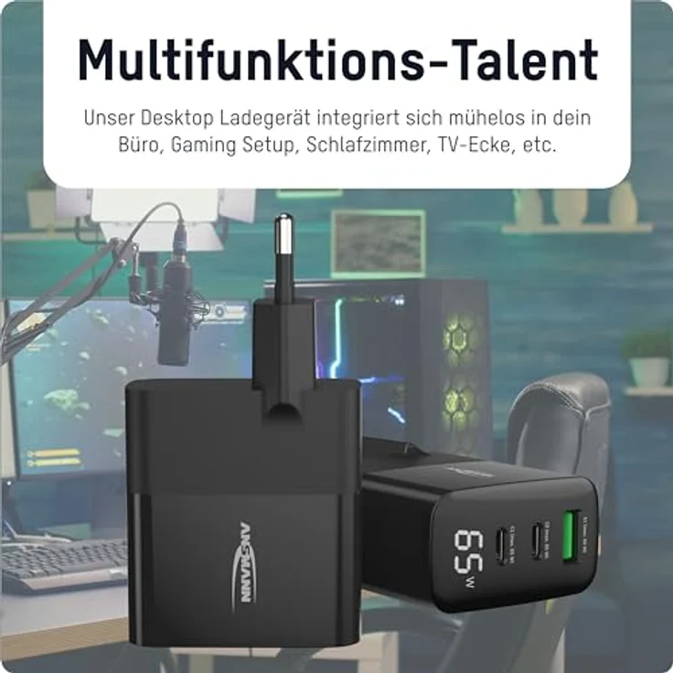 ANSMANN 3-Port USB Ladegerät mit bis zu 65 W/Power Delivery und Quick Charge 3.0, Smart IC Technologie, Displayanzeige - Schwarz – Bild 5
