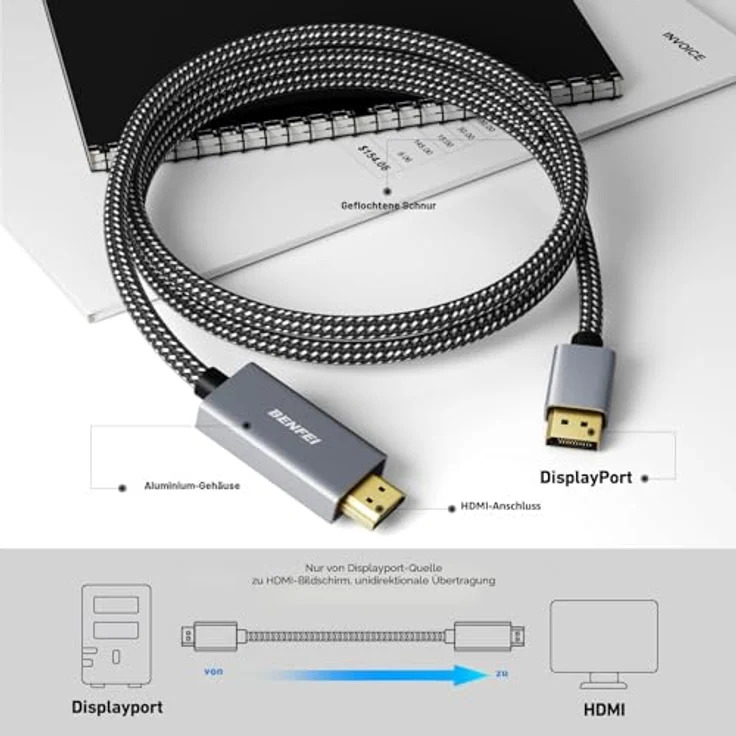 BENFEI 4K DisplayPort auf HDMI Kabel, 1,8m Geflochtenes Kabel mit Aluminiumhülse, High Speed Verbindung, Unidirektional, Unterstützt 3840×2160@30Hz, 5 Stück – Bild 4