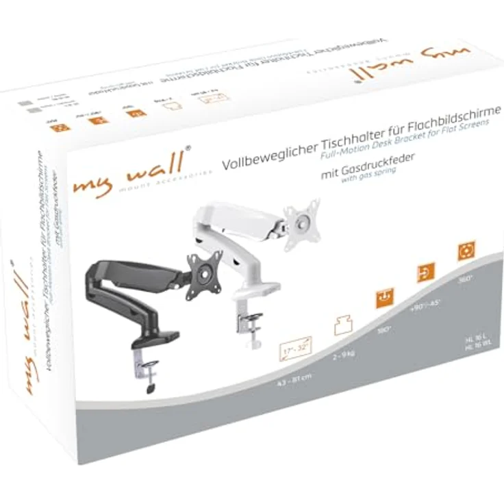 my wall vollbeweglicher Monitor Tischhalter - HL16WL für Flachbildschirme 17-32 Zoll, Gasdruckfeder, Neigbar, Schwenkbar, Rotierbar, Belastung 2-9 kg, Silber – Bild 5