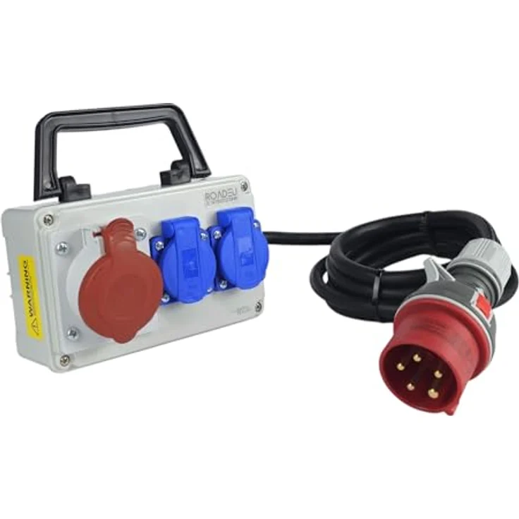 RoadEu CEE Steckdose 16A und 2x Schuko Verteiler - Stromverteiler 16A, Mobilverteiler - Stromkabel 5 meter, Baustromverteiler - blau – Bild 1