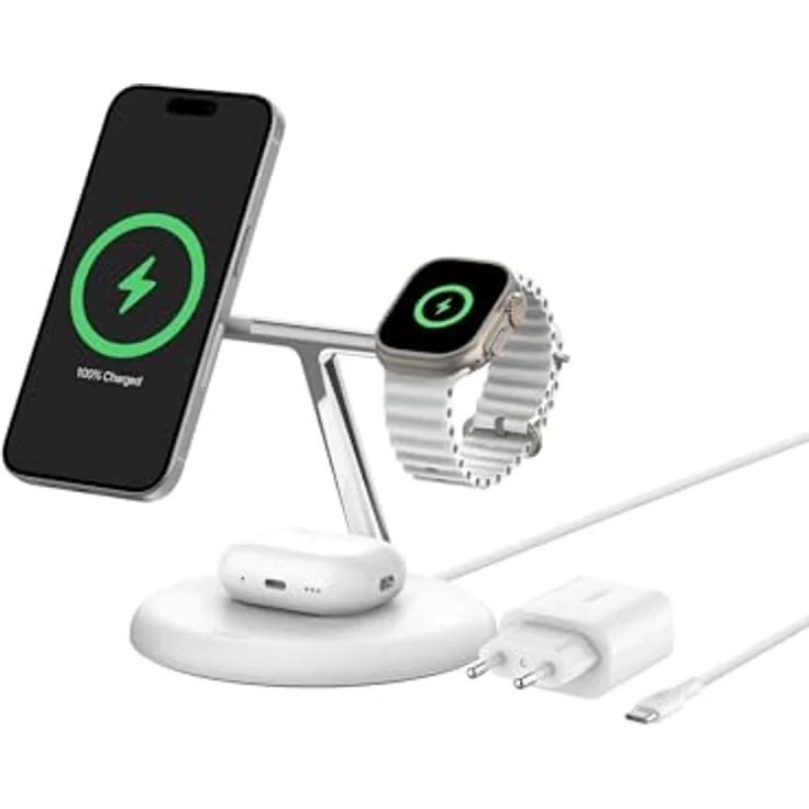 Belkin kabellose 3-in-1-Ladestation mit MagSafe-kompatiblem Qi2, 15 W, Wireless Charger - Weiß, inkl. Netzteil – Bild 2