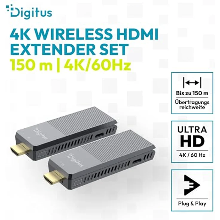 DIGITUS DS-55359 Wireless HDMI Extender, UHD 4K 60 Hz, bis zu 150 m Reichweite, Set aus Transmitter und Receiver, HDMI 2.0, HDCP 2.2, Grau – Bild 2