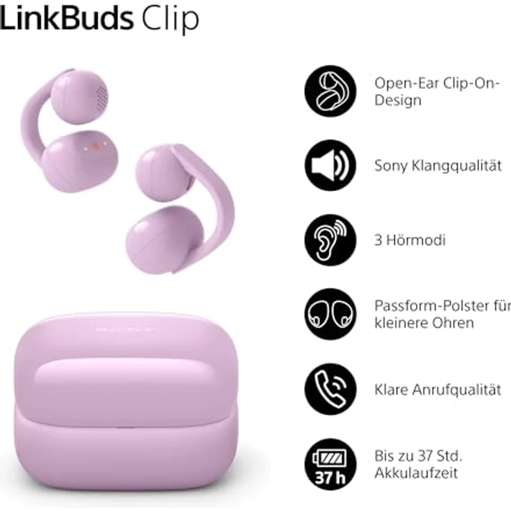 Sony LinkBuds Clip, Kabellose Kopfhörer mit 9 h Akkulaufzeit, violett, KI-Rauschunterdrückung und anpassbarem Sound – Bild 3