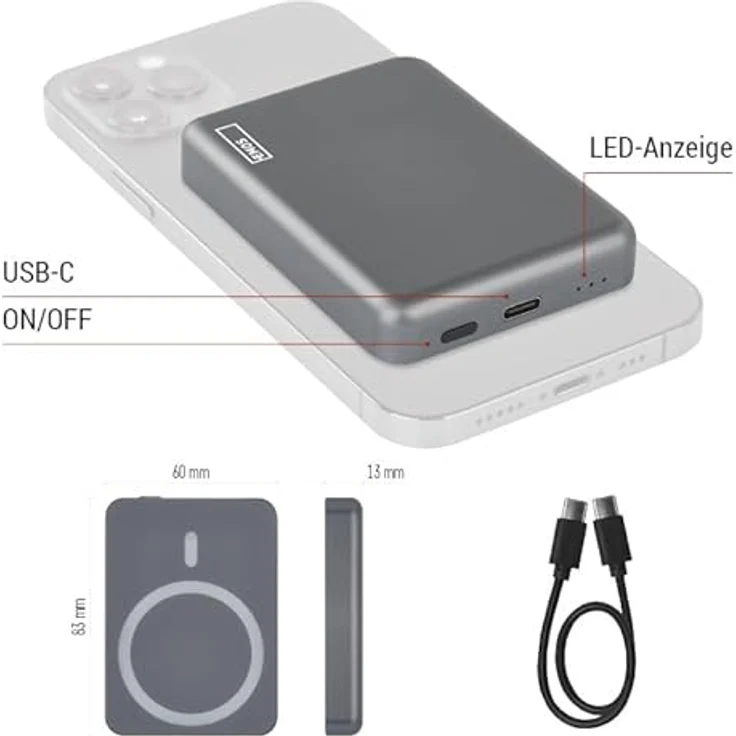 EMOS Powerbank 5 000 mAh WI 522 mit Magnet - magnetischer externer Akku mit Passthrough und Wireless-Charging - USB-C-Ausgang - grau – Bild 3
