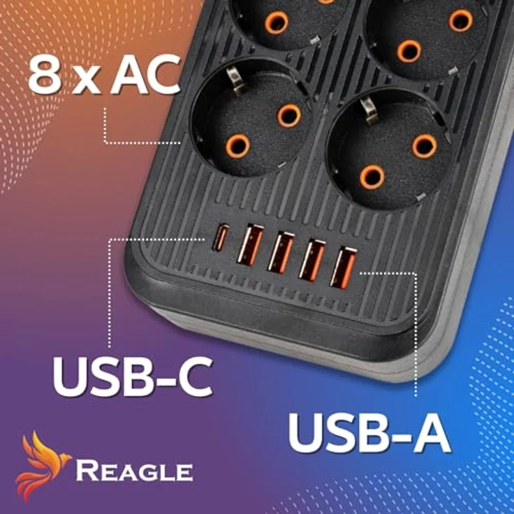 Reagle Steckdosenleiste 8-Fach 230V mit 5 USB-Anschlüssen, Save Energy-Schalter und Überspannungsschutz, 3m Kabel, schwarz – Bild 3