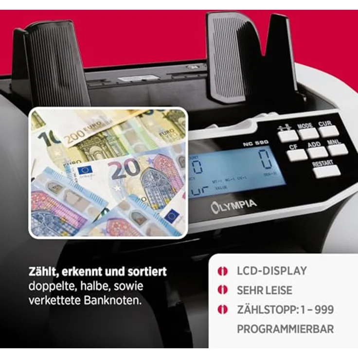 Olympia NC 590, Geldzähler für Scheine mit Falschgeldprüfung, 1500 Noten/Min, LCD Display, Frontladegerät, gemischtwertzähler für unsortierte Banknoten – Bild 3