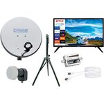 SCHWAIGER TVSET3 SAT Camping Set inkl. TV 24 Zoll HD+ Satellitenschüssel Single LNB Koaxialkabel 10m Dreibeinstativ SAT-Finder Stahl-Antenne 42x42cm