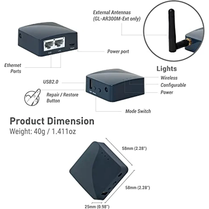GL.iNet GL-AR300M16-Ext Mini Travel Router, OpenWrt Pre-installed, Repeater Bridge, 300Mbps High Performance, 16MB Nor flash, 128MB RAM, OpenVPN, Tor Compatible, Programmable IoT Gateway – Bild 3
