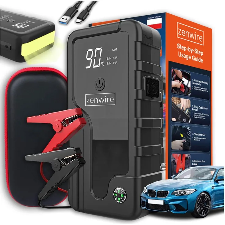 ZENWIRE Jump Starter 12V, Booster 2000A, 6400 mAh Auto-Powerbank mit LED-Lampe und SOS, inkl. Klemmen und Etui