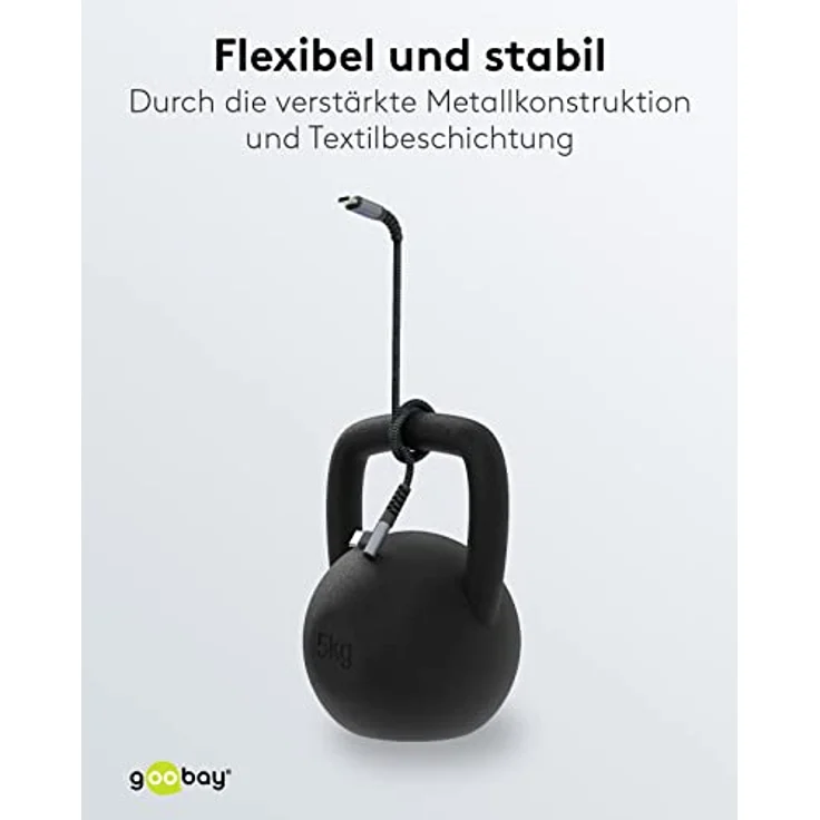 goobay 64658 USB C auf USB C Kabel mit 90 Grad Winkel/Handykabel 480 Mbits/USB C Schnellladekabel Samsung 60W & 20V / Textilkabel Grau 0,5m – Bild 4