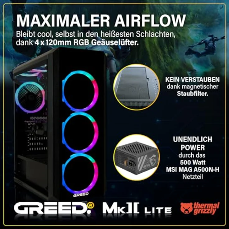 GREED MK2 FE - Gaming PC - AMD Ryzen 5 5500, RTX 5050 (8GB), 16GB DDR4 RAM, 512GB SSD, WiFi, Windows 11 Pro, 4,6 GHz – Bild 4