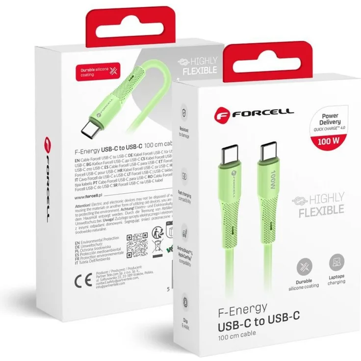 Forcell USB C Kabel 100W PD 5A Schnellladekabel, 1m Silikon, QC4.0, Grün