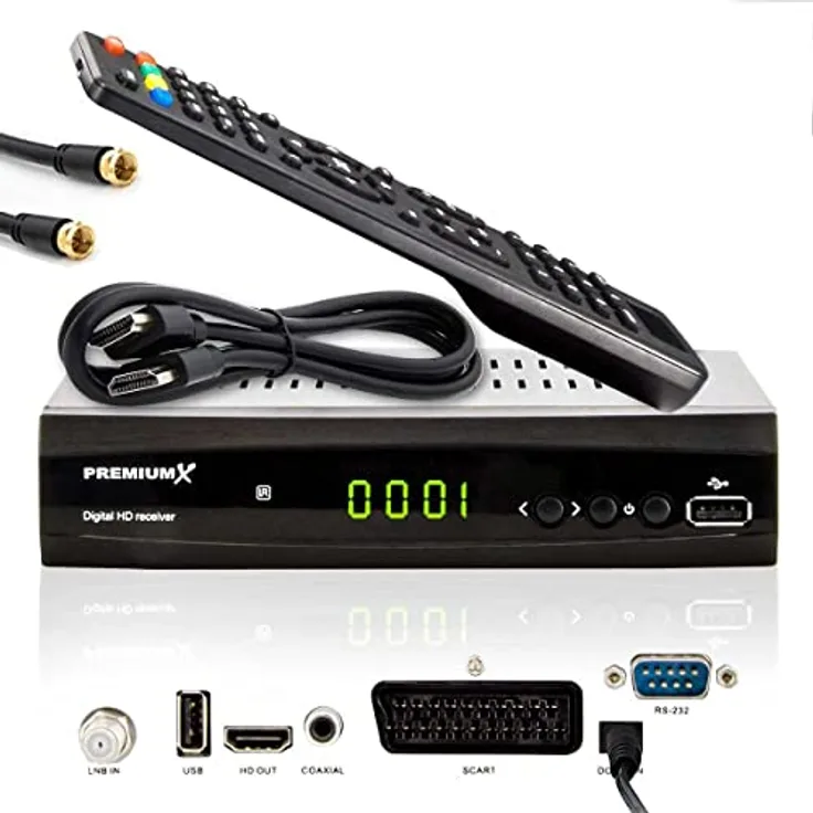 Premium X HD 521 FTA Digital TV SAT Receiver DVB-S2 FullHD Satelliten Empfänger HDMI SCART USB Mediaplayer Antennenkabel, Vorprogrammiert - Brillantes FullHD Satellitenfernsehen, Unicable tauglich, USB Media-Center