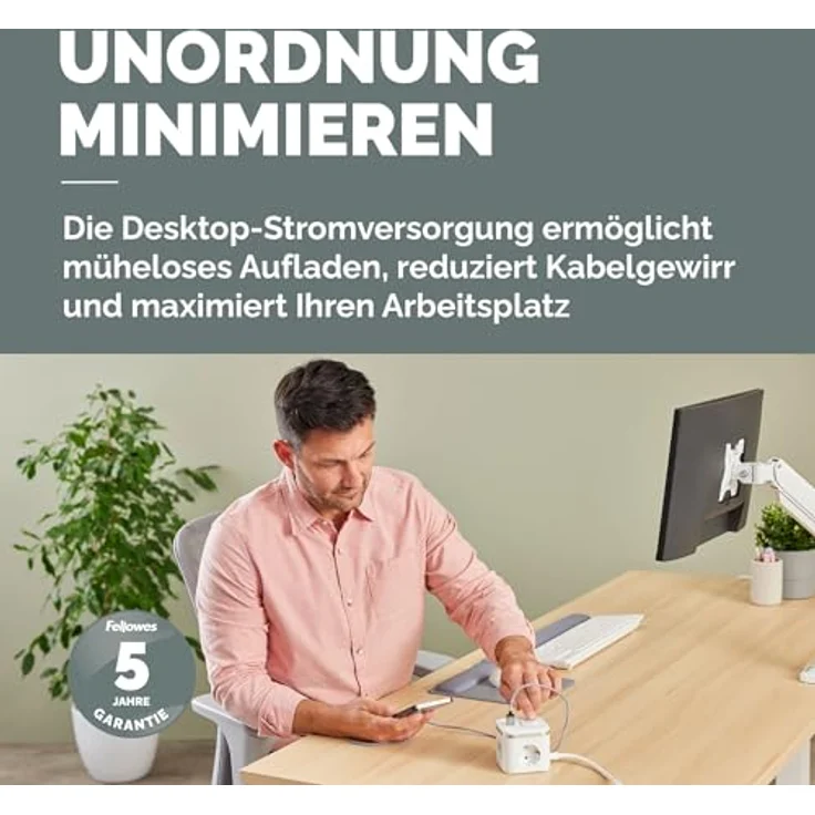 Fellowes Power Cube Steckdosenleiste, 3 Typ-F, 2 USB-C & 1 USB-A, 2 m Kabel, Schwarz, platzsparender Mehrfachadapter für Schreibtisch und Büro – Bild 3