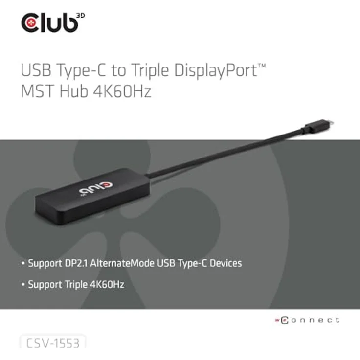 Club 3D CSV-1553 USB Typ C (DP Alt-Mode 2.1) auf DisplayPort Triple Monitor 4K60Hz MST Hub, Schwarz – Bild 5