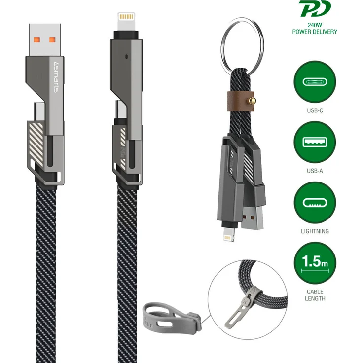 4Smarts USB-C Kabel ComboCord Flat 240W, 1.5m und Keyring Kabel, schwarz