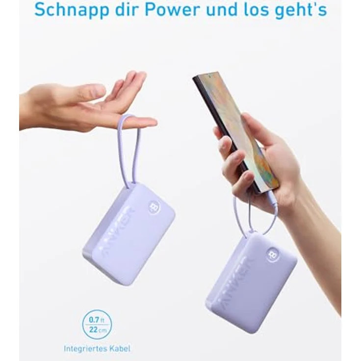 Anker Powerbank, 22.5W Leistung, Externer Akku mit integriertem USB-C Kabel, 1x USB-C, 1x USB-A, 20.000mAh Powerbank, Für iPhone 15/14 Serie, MacBook, Galaxy, iPad, AirPods und mehr(Lila) – Bild 5