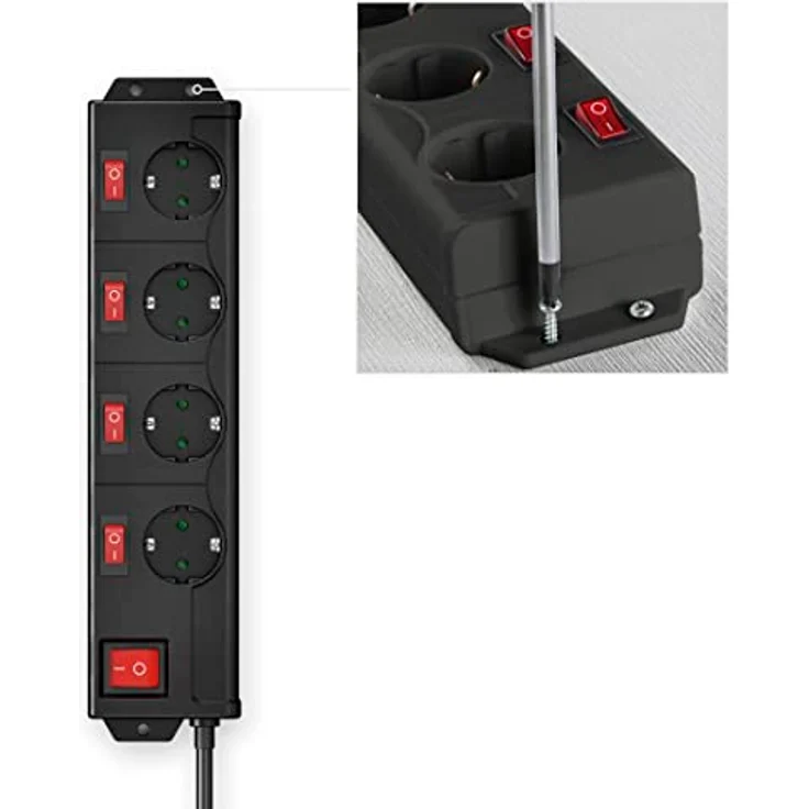 Hama 4-fach Steckdosenleiste einzeln schaltbar (Wandmontage, extra großer Buchsen-Abstand, Stecker 90° gedreht, 1,4m Kabel, Kindersicherung) Mehrfachsteckdose Steckerleiste schwarz – Bild 4