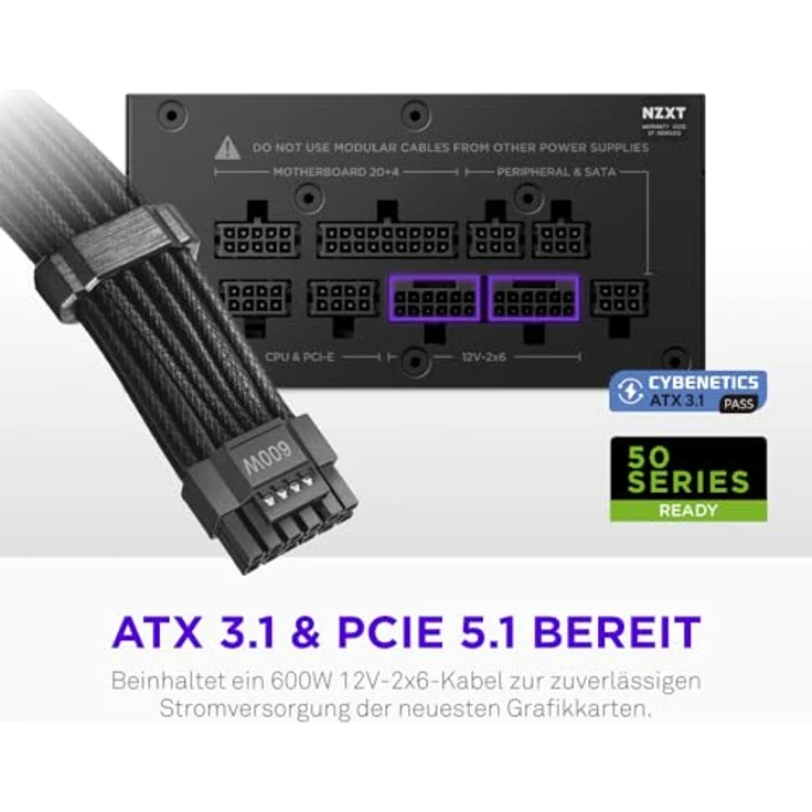 NZXT C850 SFX Gold, 850-Watt SFX-ATX-3.1-Netzteil, 80 Plus Gold, Cybenetics Platinum, vollmodular, PCIe 5.1, 600 W 12 V, 2x6 Anschlüsse, japanische Kondensatoren, schwarz – Bild 4