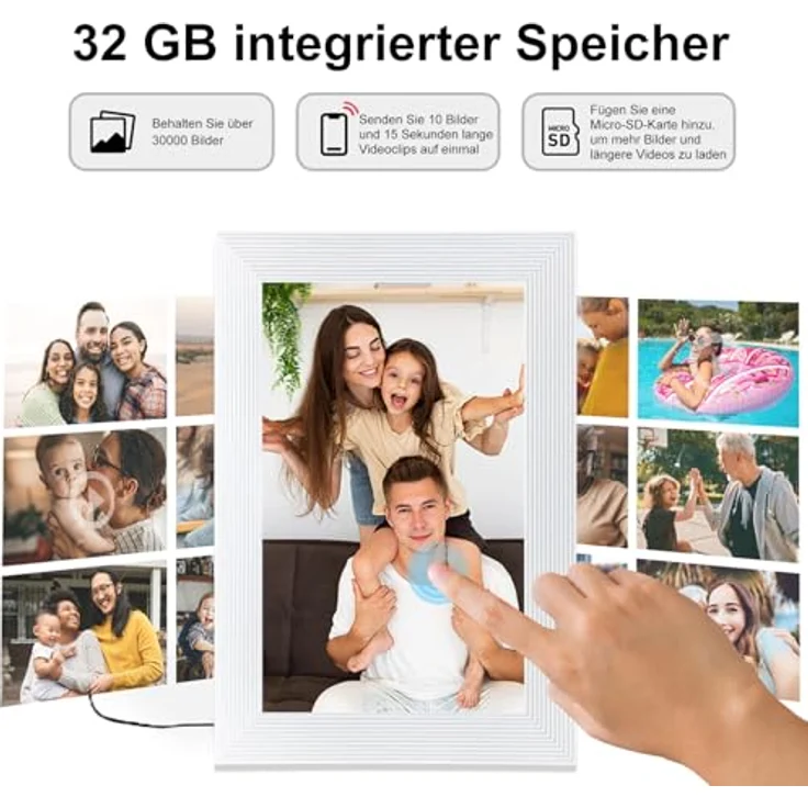 QCREA Frameo Digitaler Bilderrahmen WLAN, 10.1 Zoll IPS Touchscreen mit 1280x800 HD-Auflösung, 32GB Speicher, automatische Rotation, wandmontagefähig, weiß – Bild 4